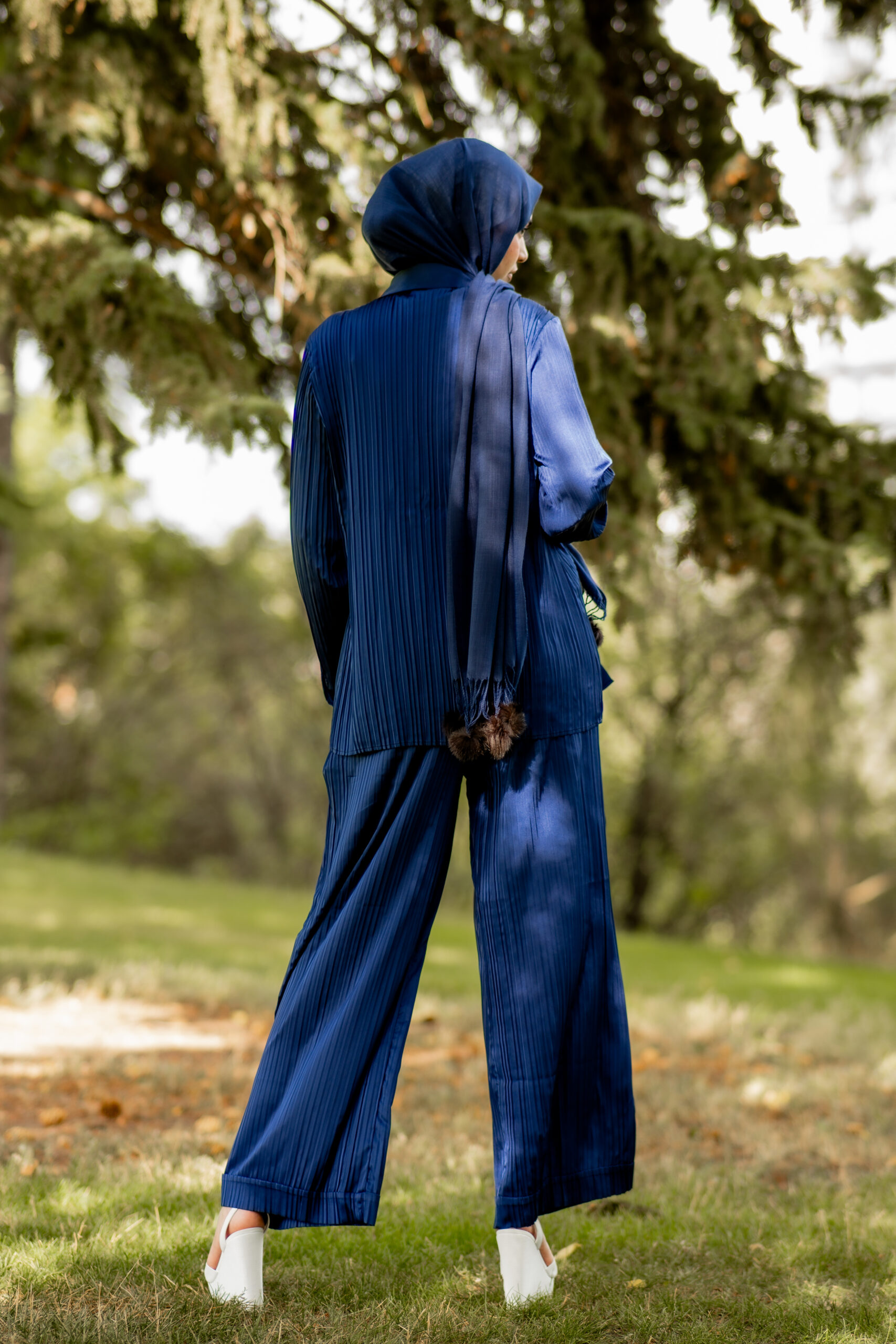 Pleated Satin Button-Down Shirt