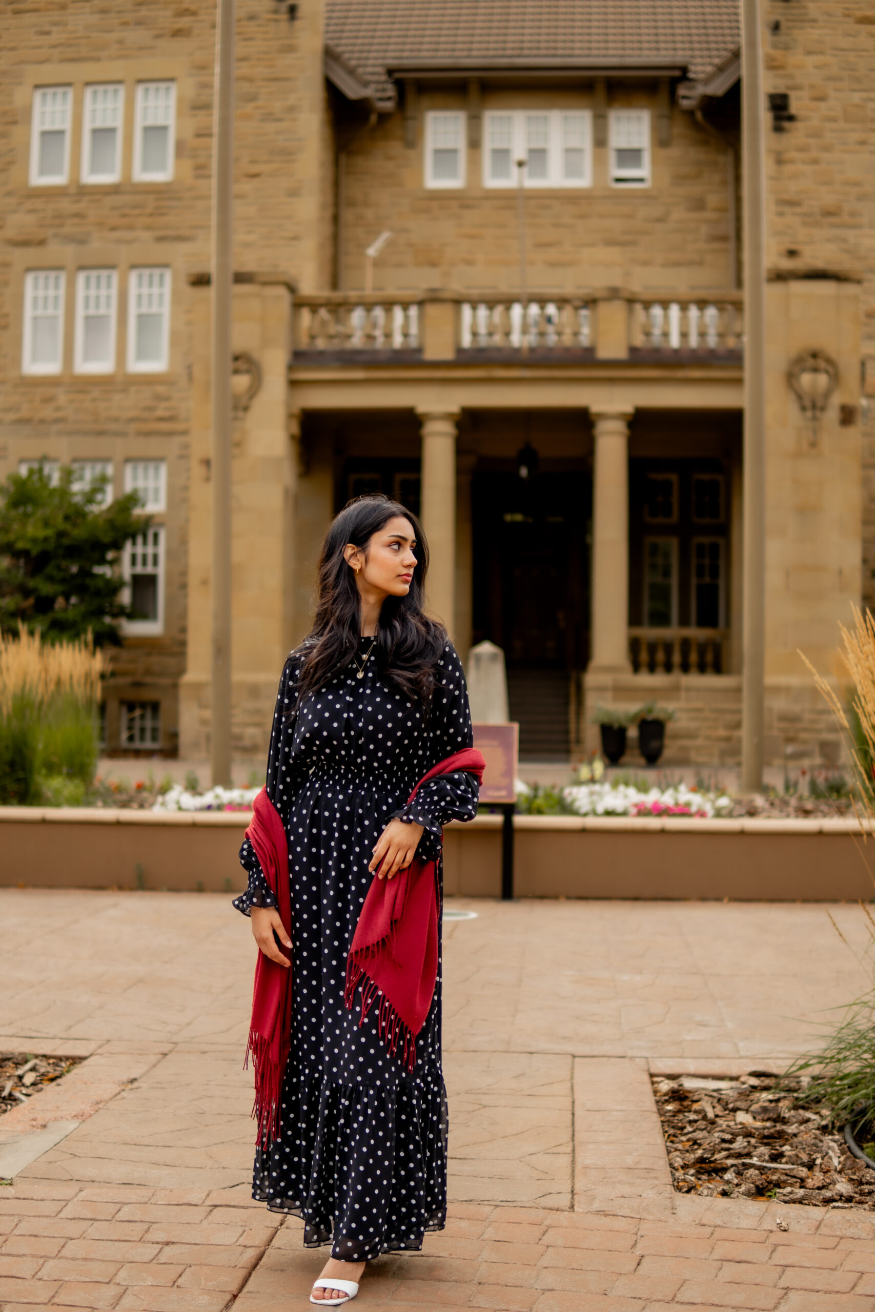 Dot Print smocked waist Maxi dress